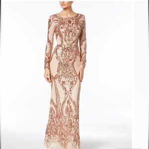 Betsy & Adam Sequined Mermaid Gown Size 4 Long Sleeve Champagne Elegant Evening